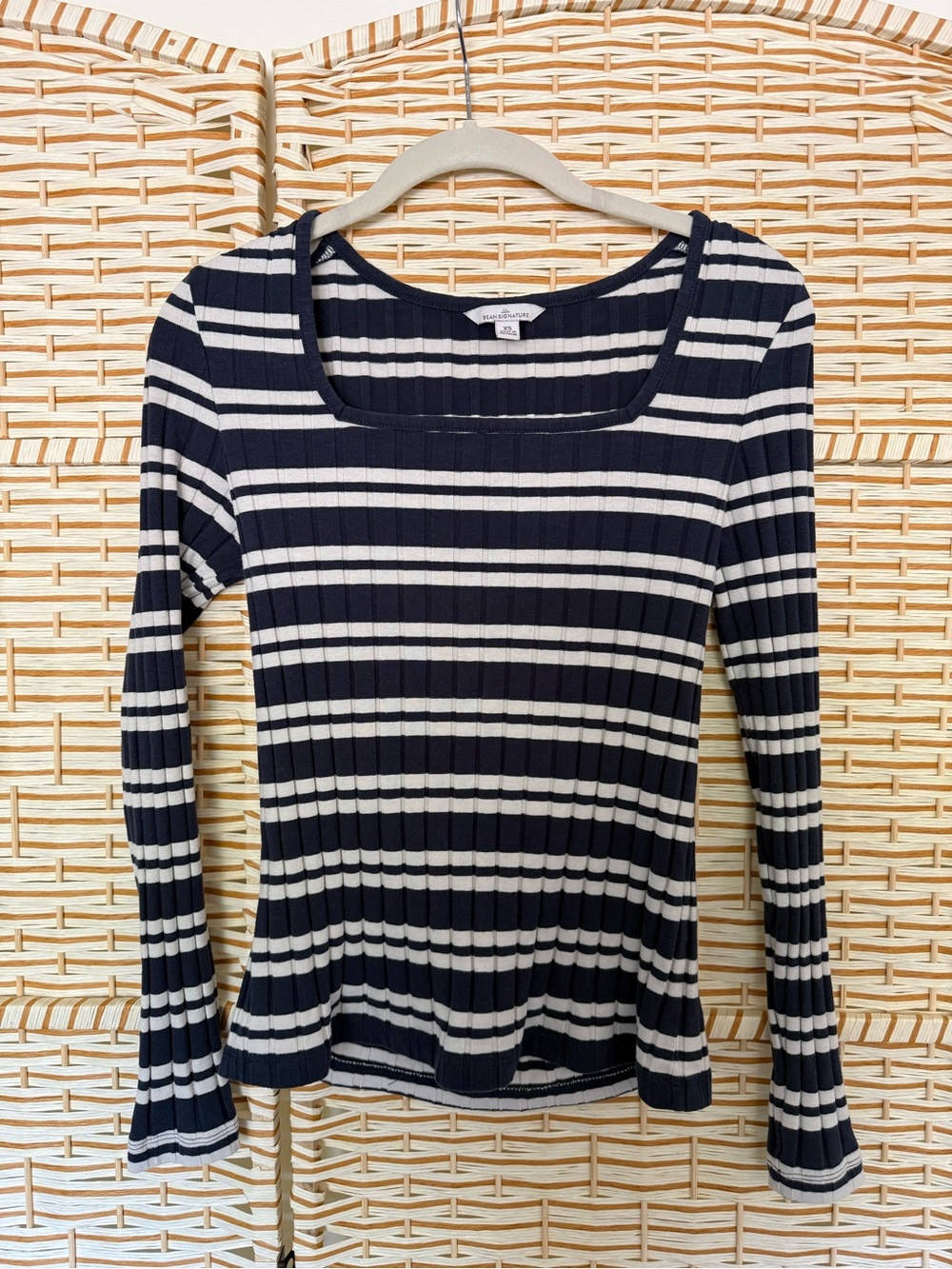 Striped Navy and White Square-Neck Ribbed Top L.L.Bean
